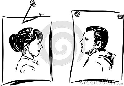 Sketches of male and female portrats on note sheets paper Vector Illustration
