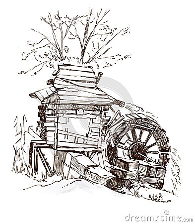 Sketches of an old wooden water mill. Drawing with pencil and liner Stock Photo