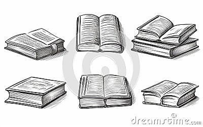Sketches of Open and Closed Books: Stack of Textbooks Stock Photo