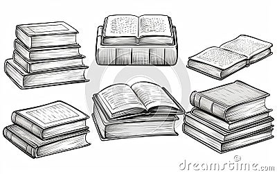 Sketches of Open and Closed Books: Stack of Textbooks Stock Photo