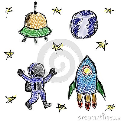 Sketches of space objects: stars, rocket, planet, UFO, astronaut in freehand drawing style Stock Photo