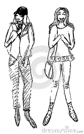 Sketches of two women dressed Vector Illustration