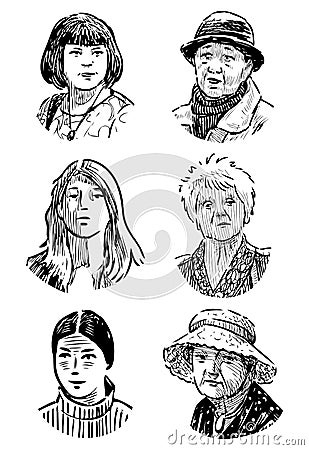 Sketches of various faces young girls and elderly women Vector Illustration