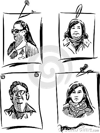 Sketches of various female portraits on note sheets paper Vector Illustration