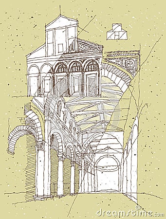 Sketching Historical Architecture in Italy Vector Illustration