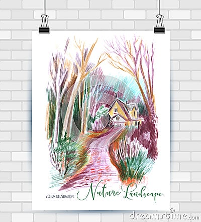 Sketching illustration in vector format. Poster with beautiful landscape and urban elements. Hand drawn illustration. Vector Illustration