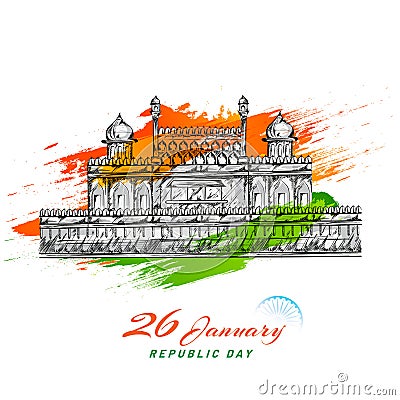 Sketching of Indian Monument Red Fort with green and saffron brush stroke effect. Stock Photo