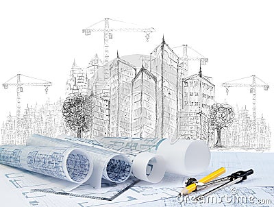 Sketching of modern building construction and plan document Stock Photo