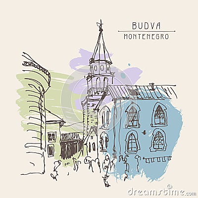 Sketching of street in hotel complex Slovenska Plaza in Budva Ri Vector Illustration