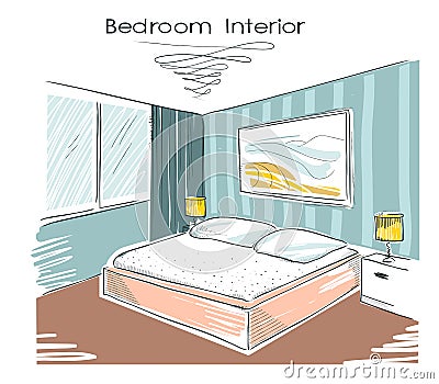 Sketchy color illustration of bedroom interior.Vector hand drawing image Vector Illustration