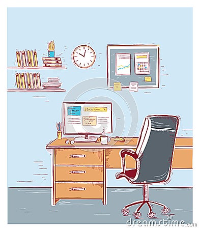Sketchy color illustration of office interior room. Vector Illustration