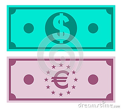 Sketchy color image of dollar and euro bills. Isolated vector on white background Vector Illustration