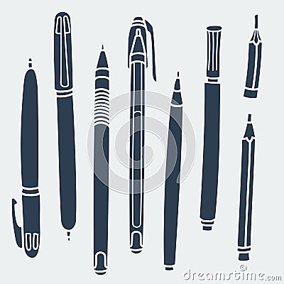 Sketchy Doodles Set of Writing and Drawing Utensils, Tools, Supplies for school and office: pen, pencil, felt pen Vector Illustration