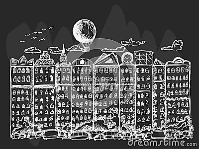 Sketchy fairy tale city on black background. Vector Illustration