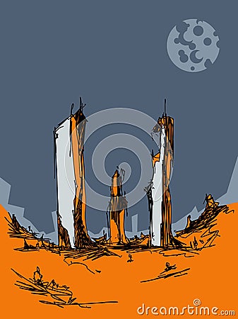 Illustration of fantastic landscape with futuristic architecture Vector Illustration