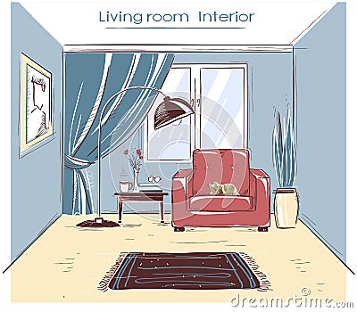 Sketchy illustration of living room interior.Vector color hand d Vector Illustration