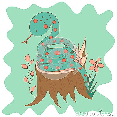 Sketchy little blue snake sitting on a tree stump Vector Illustration