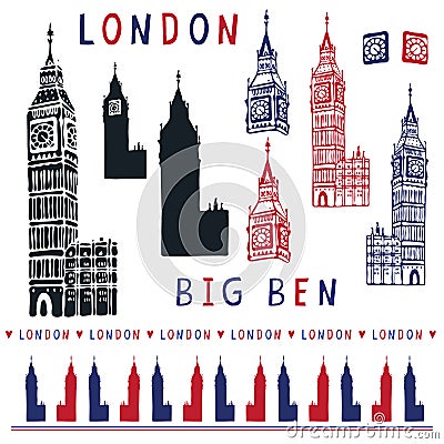 Sketchy London Big Ben clock tower chime clipart elements set. Famous Stock Photo