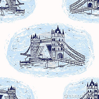 Sketchy London Tower Bridge seamless vector pattern. Famous historical british Stock Photo