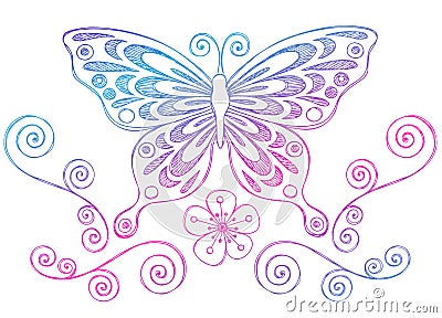 Sketchy Notebook Doodles Butterfly and Swirls Vector Illustration