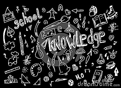 Sketchy School doodle hand drawn elements ruler, pencil, palette, brush, chemistry, flasks, formulas, books, school lessons, Stock Photo