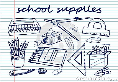 Sketchy school supplies on copybook. Vector Illustration