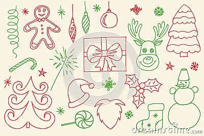 Sketchy vector hand drawn Doodle cartoon set of objects and symbols on the Merry Christmas Stock Photo