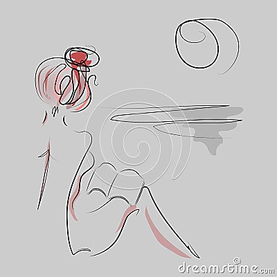 A sketchy vector illustration. The girl on the beach is sitting with a book. Vacation. Time to relax. A young woman looks Vector Illustration