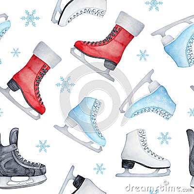 Sketchy watercolour seamless pattern on fun winter activities theme. Stock Photo