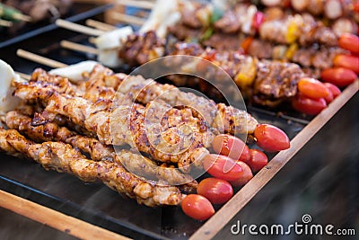 Skewer grilled barbecues arranging for sale. Stock Photo