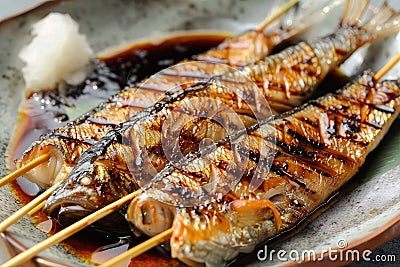 Skewer grilled saba fish with teriyaki sauce set and serve in Japanese style Stock Photo