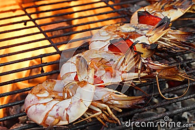 Skewered Big Shrimps On The Hot BBQ Grill Stock Photo