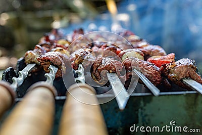 Skewers uncooked in nature on skewers in the open air. shashlyk Stock Photo