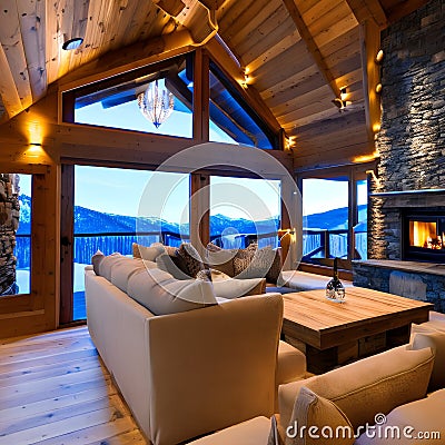 A ski chalet with a stone fireplace, a hot tub, and a mountain view2, Generative AI Stock Photo