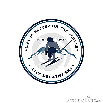 Ski club with skiers skiing downhill in high mountains. Retro badge vector ski club. Ski club typography design stamp - stock Vector Illustration