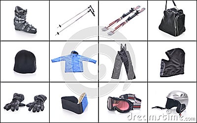 Ski equipment. Necessary things for skiing. Stock Photo