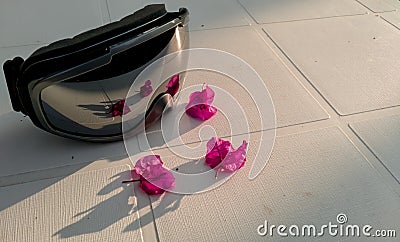 Ski goggles with flowers compilation Stock Photo