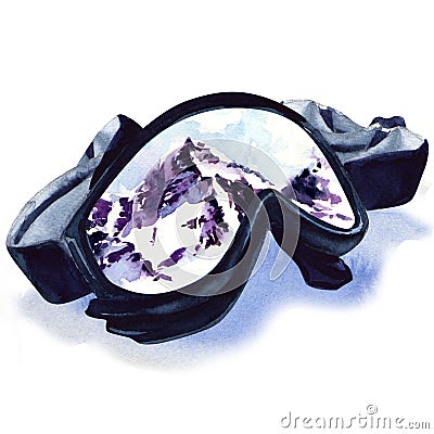 Ski goggles with reflection of mountains Stock Photo