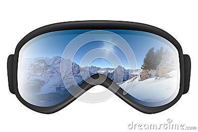 Ski goggles with reflection of mountains Cartoon Illustration