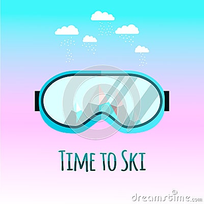 Ski goggles with reflection of mountains. Vector Illustration