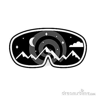 Ski goggles with reflection of snowy mountains, night sky, moon. Black illustration of snowboard equipment, winter sports mask. Vector Illustration