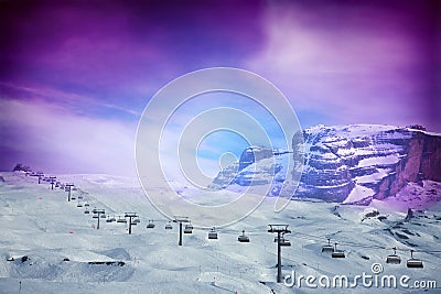 Ski lift with amazing purple sky Stock Photo