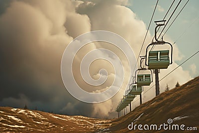 ski lift chairs ascending into a cloudy mountain sky Stock Photo