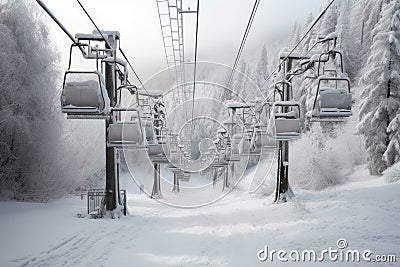 ski lift chairs ascending a snow-covered slope Stock Photo