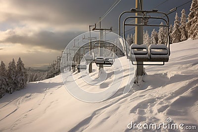 ski lift chairs ascending a snow-covered slope Stock Photo