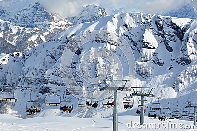 Ski lift in Dolomites Alps, Italy, Europe Stock Photo