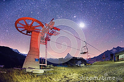 Ski lift in front of Matterhorn Stock Photo