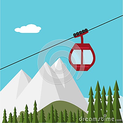 Ski Lift Gondola Snow Mountains, Forest Vector Illustration