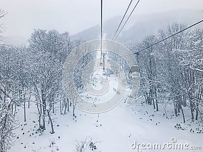 Ski-lift in Niseko Ski Resort, Hokkaido. Stock Photo