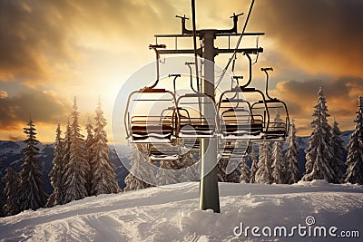 Ski lifts in the mountains at sunset. Ski resort in winter, AI Generated Stock Photo